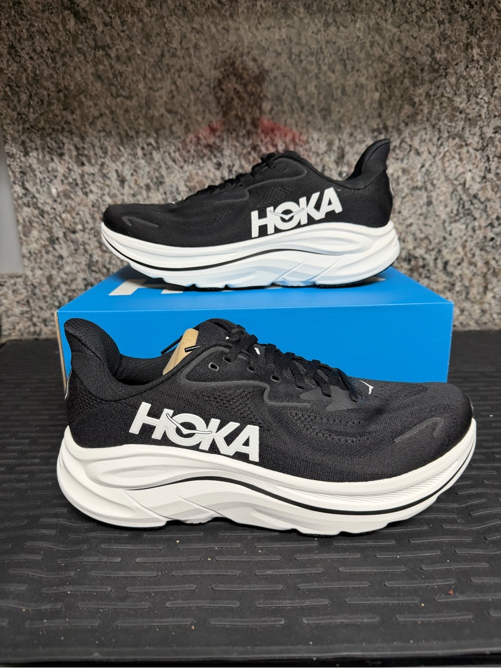 Hoka Black and White Clifton 10 Running Shoes